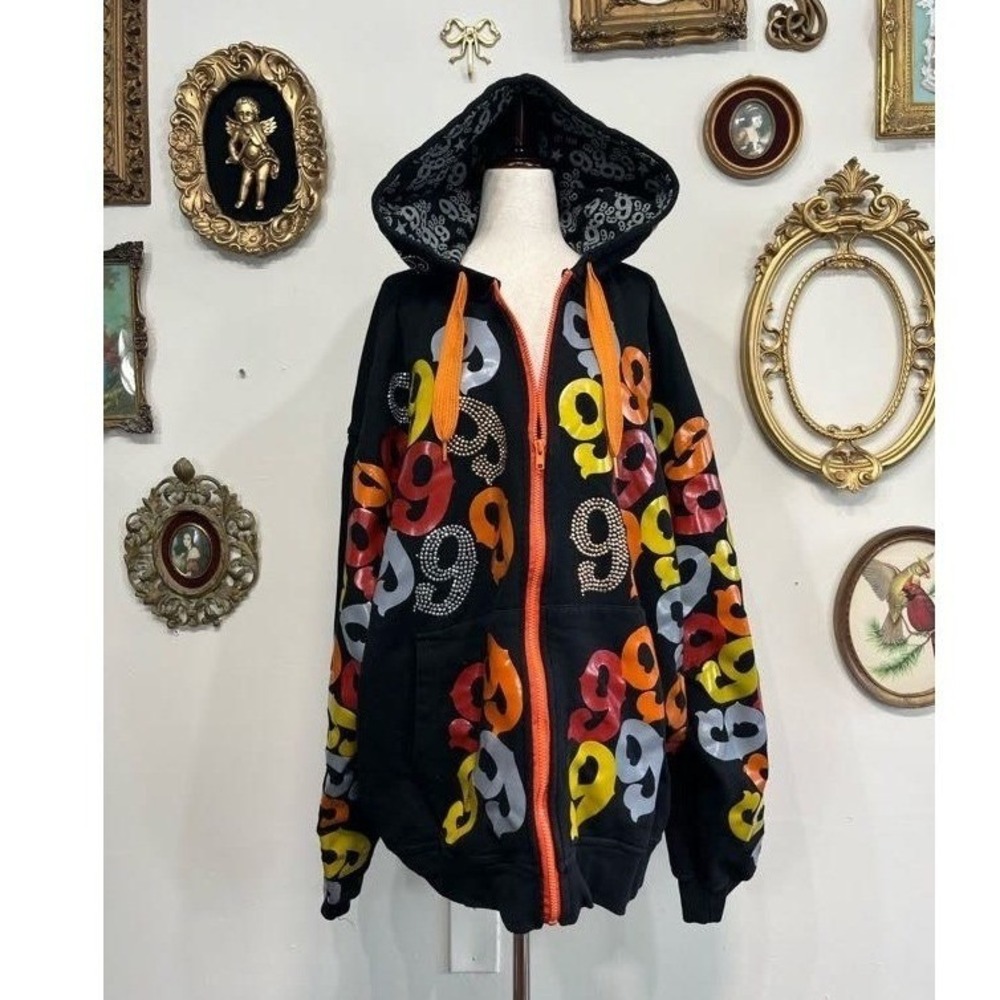 Vintage Gino Green Global 999 Hoodie Y2K Hip Hop AOP Black 3XL Rhinestone GGG‎